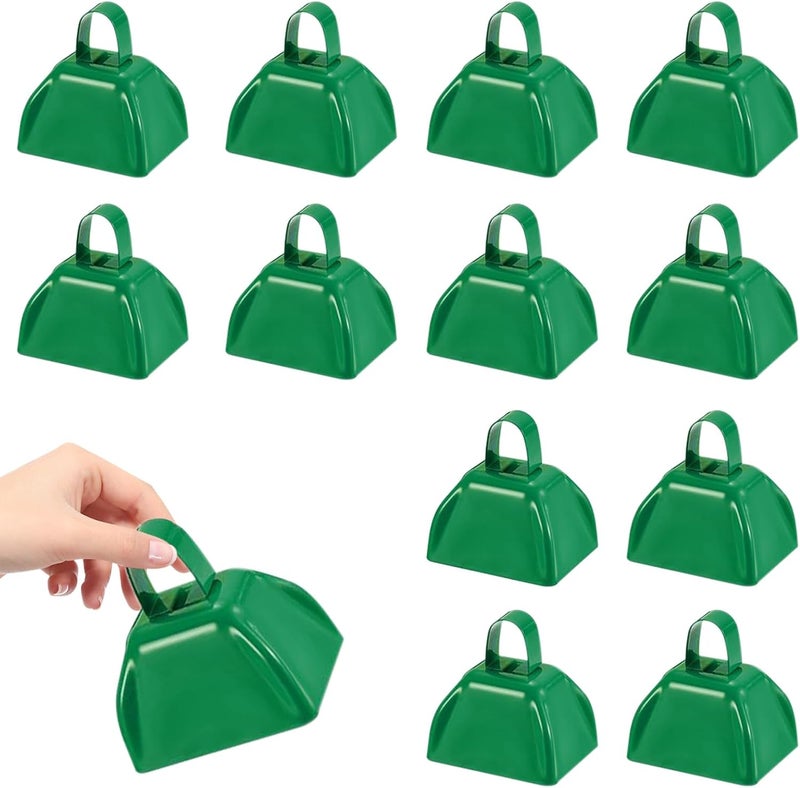 HEYLEAYAR 3Inch Cowbells for Sporting Events,12Pcs Metal Cow Bells Bulk Loud Noise Makers Cow Bell with Handle for Cheering Football Games Spirit Marathon Weddings Party Noisemakers, Green - Image 1